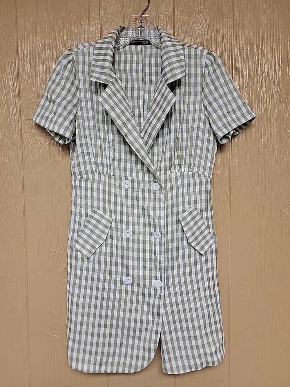 Dazy Womens Mini Button Front Dress Vintage Style Green Checked Short Sleeve sz